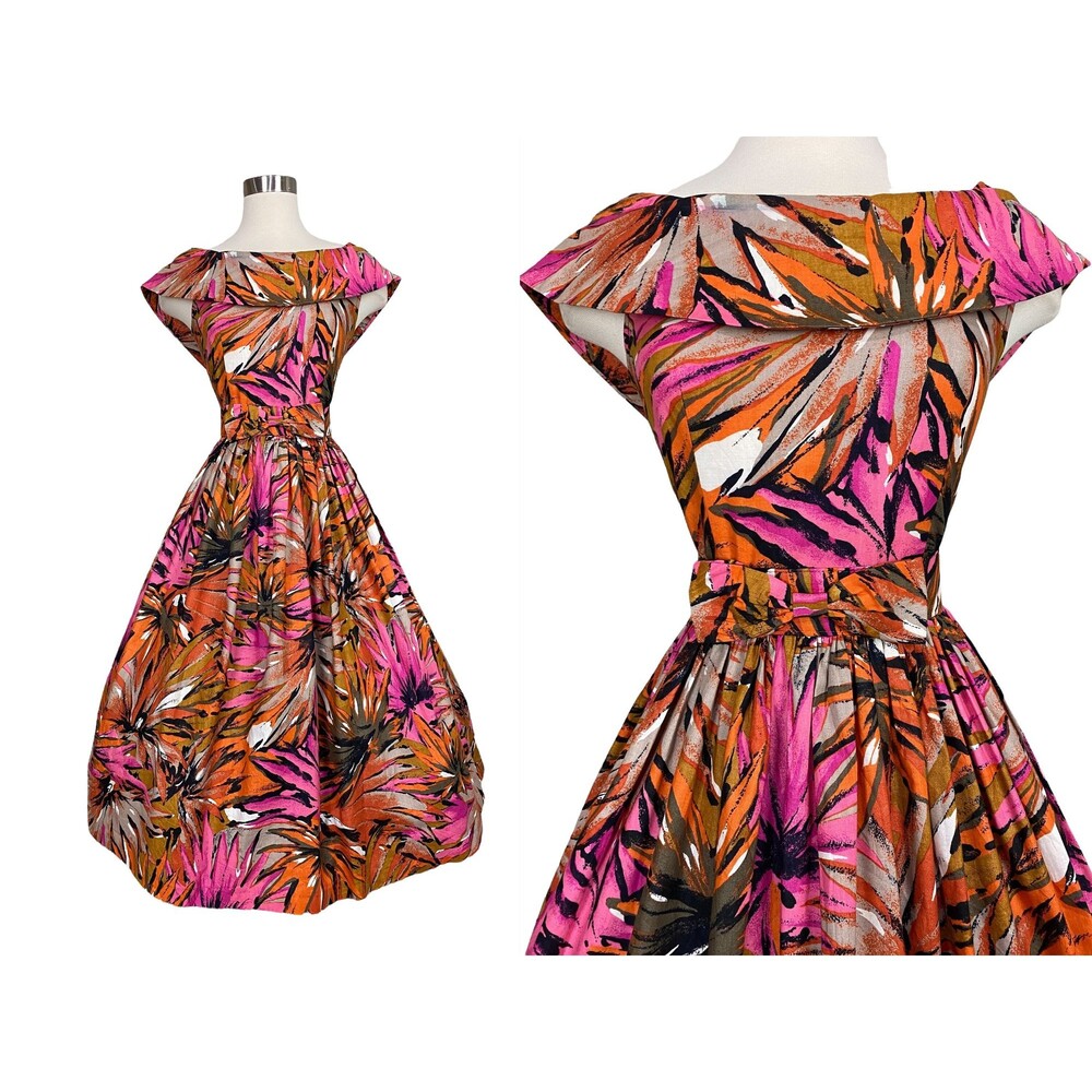 Vintage 1980s 80s Pink Orange Abstract Floral Cotton Fit and Flare Summer Dress